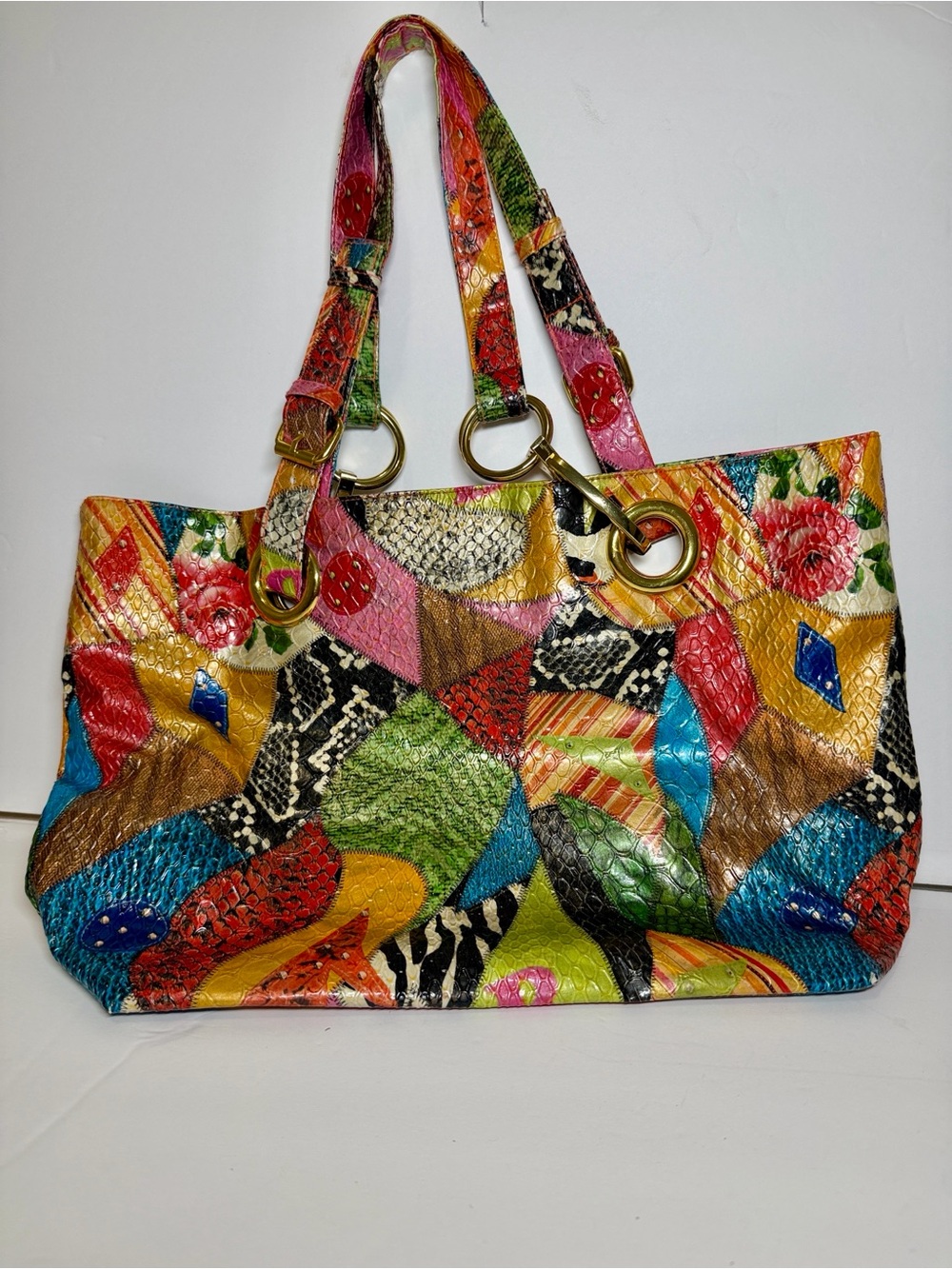Vintage Braciano Bright Patchwork Colorful Purse Tote Handbag